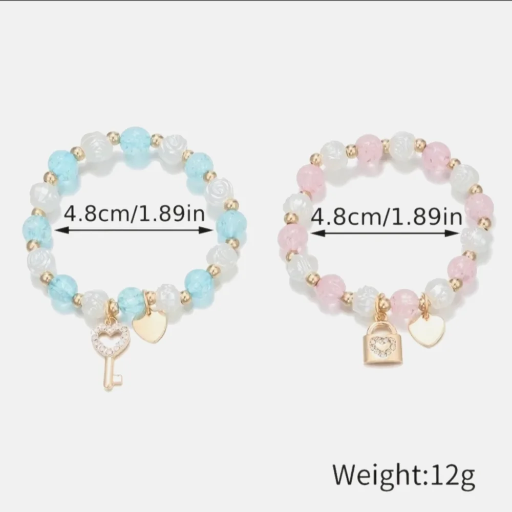 2pcs Girls Cute Lock Key Heart Pendant Bracelet,‎ Flower Design Beaded Elastic